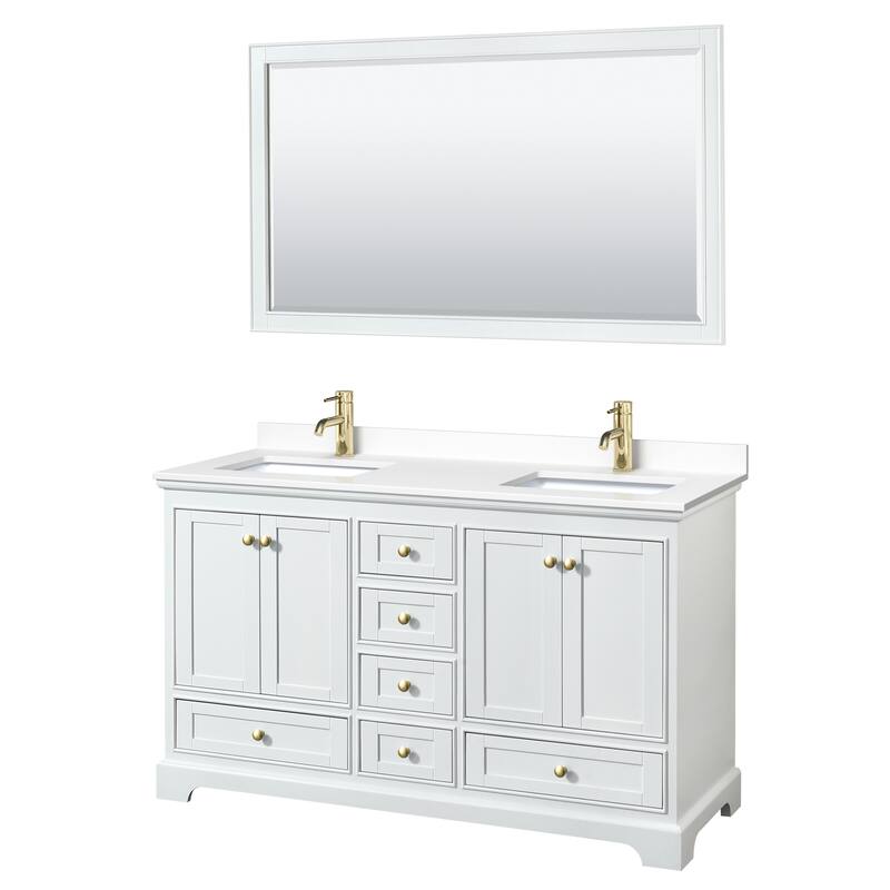 Deborah 60-inch Double Vanity, Cultured Marble Top, 58-inch Mirror - White, Gold Trim, White Cultured Marble Top