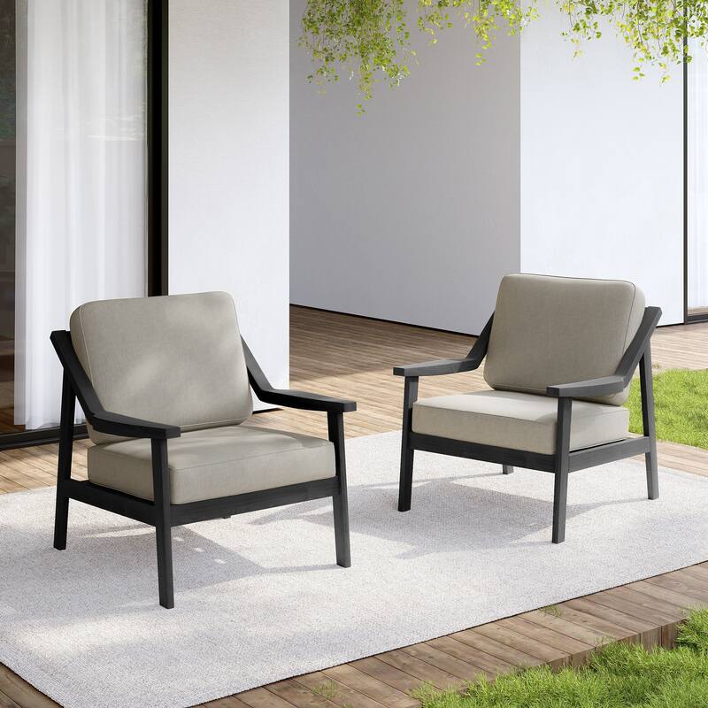 Set of 2 Outdoor Teak Wood Patio Chair with Cushion - Dark Wood - Light Camel