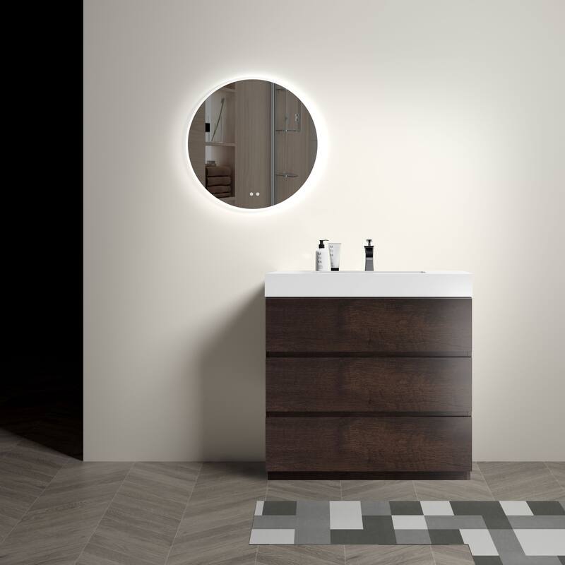GDFStudio - Alice Walnut Freestanding Bathroom Vanity with One-Piece Matte Black Sink, Modern Handle-Free Design, Pre-Assembled