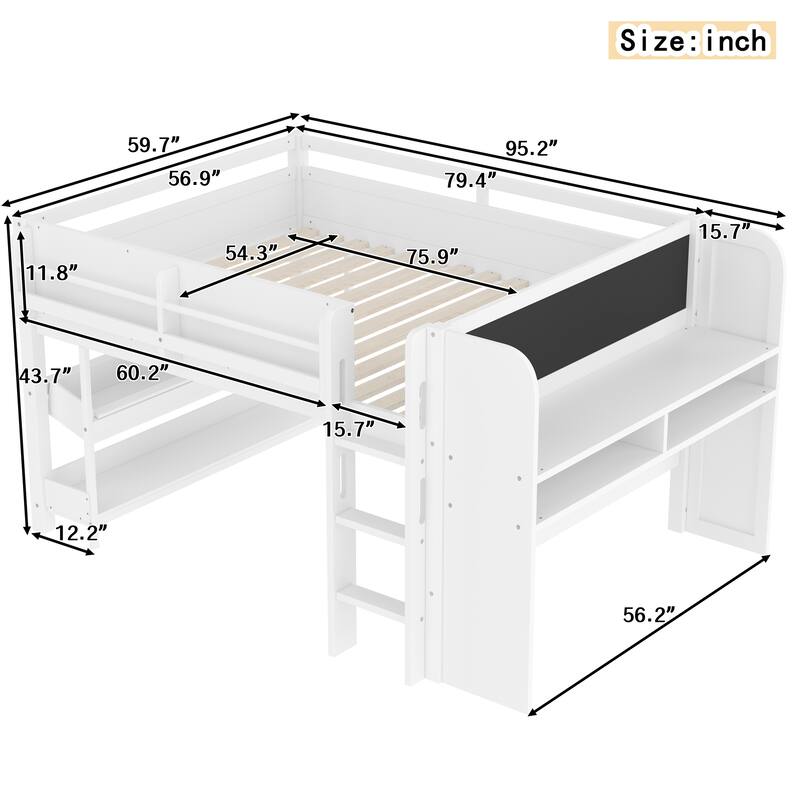 Full/Twin Size Loft Bed with Built-in Desk, Multi-Storage Bookcases & Blackboard, Solid Wood Low Loft Bed Frame
