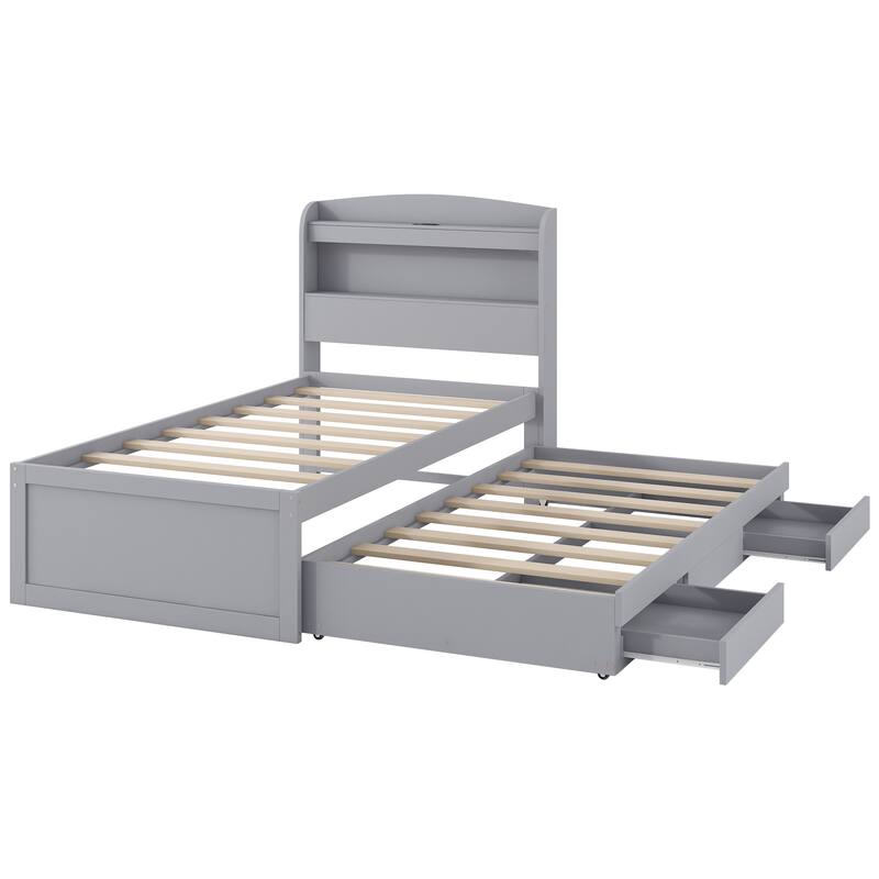 Twin XL Platform Bed with Storage, LED Headboard, Charging Station, Trundle, and Drawers, Gray