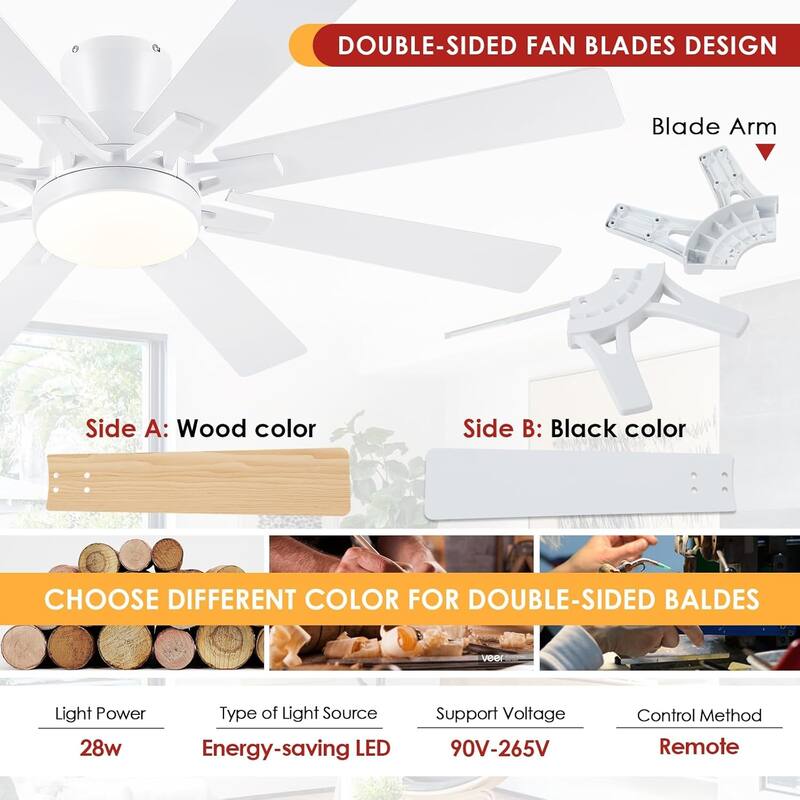 52 Inches Modern Ceiling Fan with Light and Remote 8 Plywood Blades for Bedroom Living Room - 52 Inches