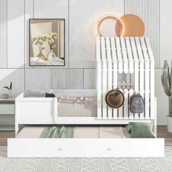 slide 2 of 23, Twin Size House Low Loft Bed w/ Trundle Upholstered Platform Bed Frame White