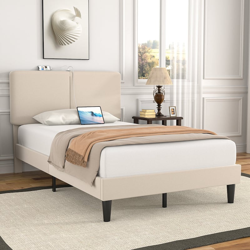 VECELO Adjustable Upholstered Split Headboard Bed Frame with Charging Station USB Port Type C No Box Spring Needed Noiseless Bed