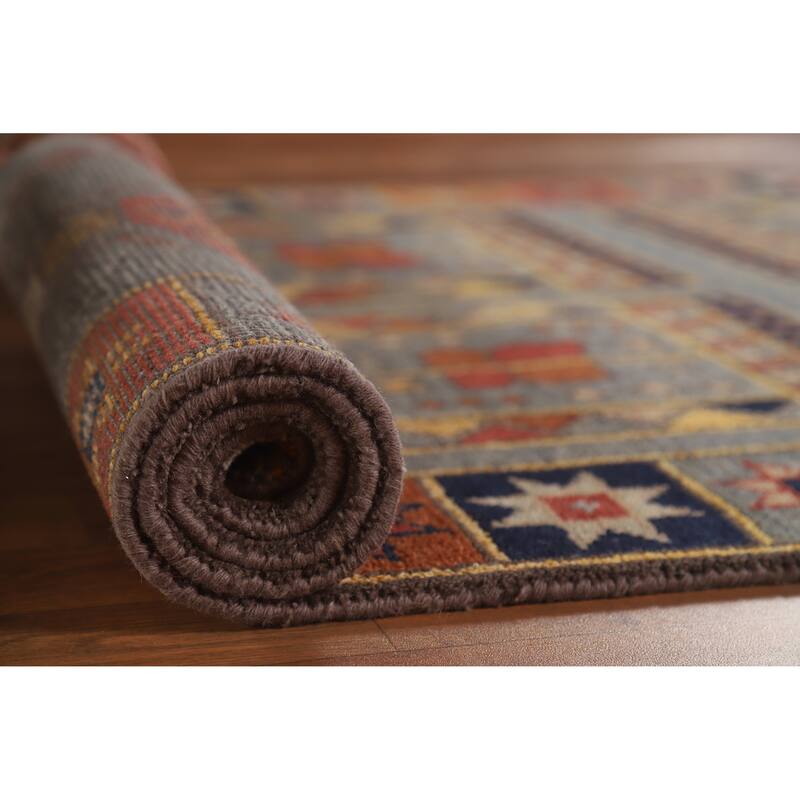 Hand Knotted Oriental 100% Wool Carpet Traditional Tribal Greys & Charcoal Heriz (serapi) Runner Rug - 9' 10'' X 4' 0''