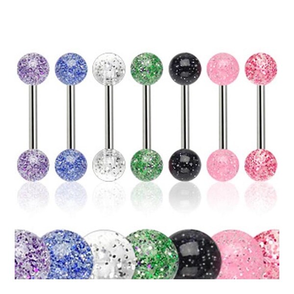 Surgical Steel Barbell with UV Color Ultra Glitter Ball (Sold Individually) - 14 GA
