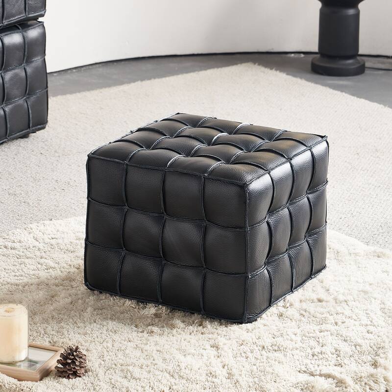 Genuine Leather Tufted Ottoman, High-density Foam Square Footstool, Upholstered Shoe Stool for Living Room, Bedroom