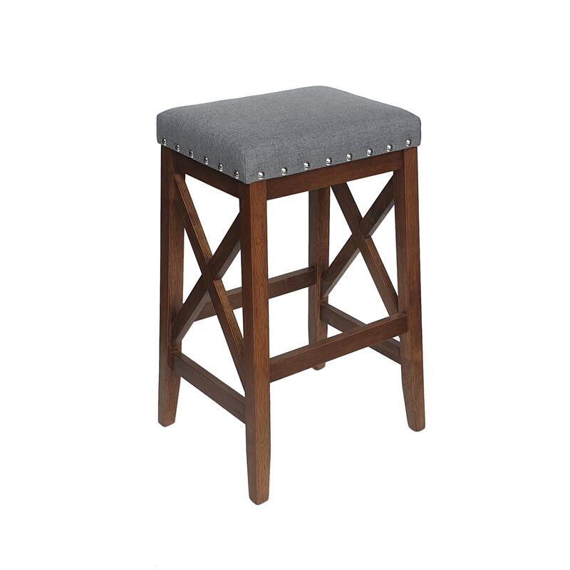 Nailhead Trim Bar Stool, X-Wooden Bar Chair Set, Fabric Upholstered Dining Chair, Backless Island Dining Chair (2-Pcs Set)