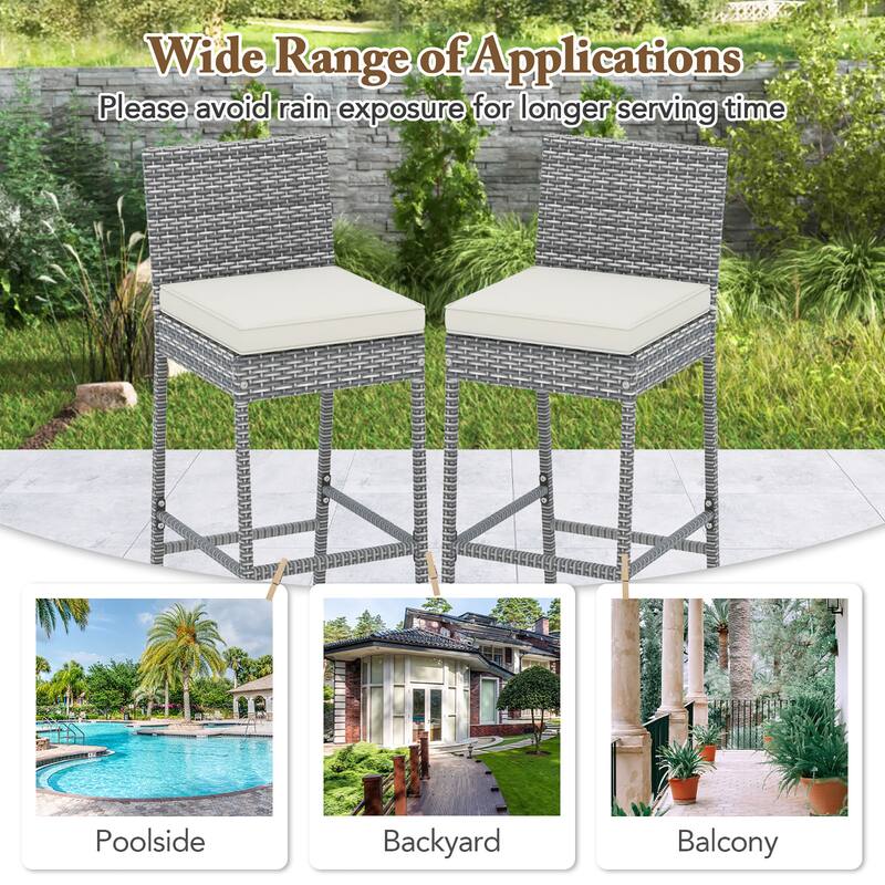 Gymax 2 PCS Patio Wicker Barstools Bar Height Chairs W/ Cushions