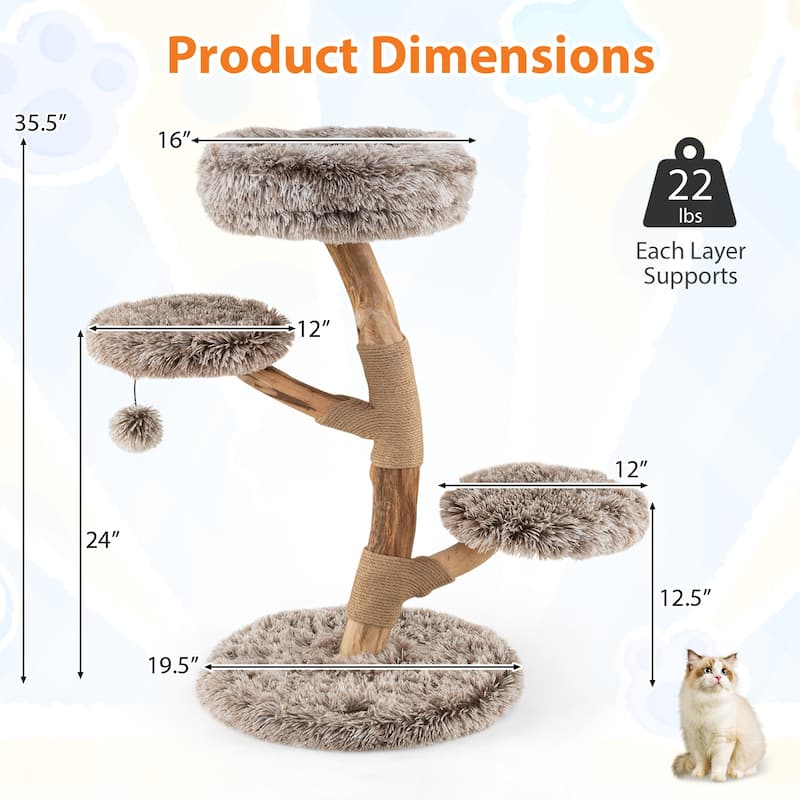 4-Level Cat Tower with Cozy Plush Perches and Natural Wood Base Jute Scratching Posts for Cats