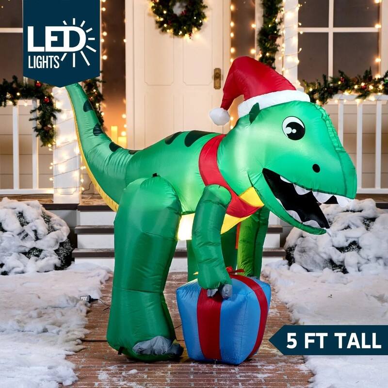 5 ft. Tall Green, Red & Blue Plastic Christmas Dinosaur with Hat Inflatable - Green