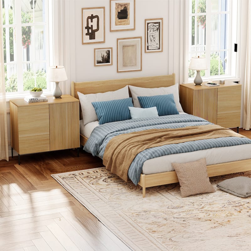 Modern Minimalist Wood Nightstand With Doors ,31.5" End Table,Reeded Design Bedside Table