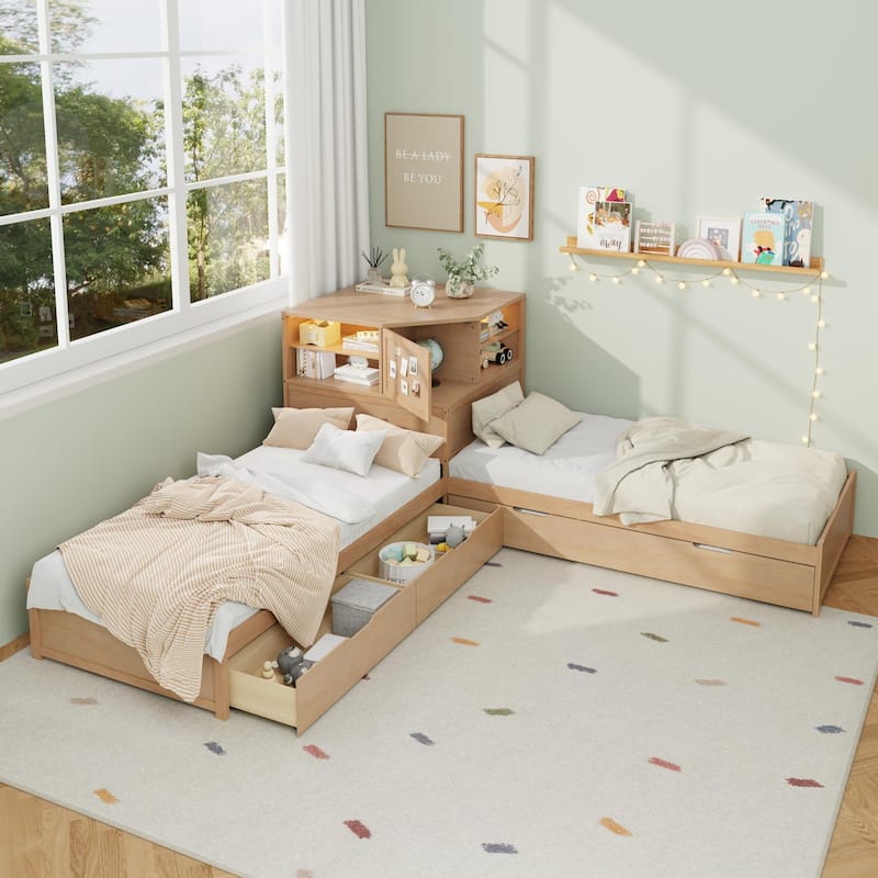 All-in-one Low Profile Platform Bed with Trundle and Drawer, Wooden Floor Bed Linked Corner Bed Built-in Desk and Led Downlight
