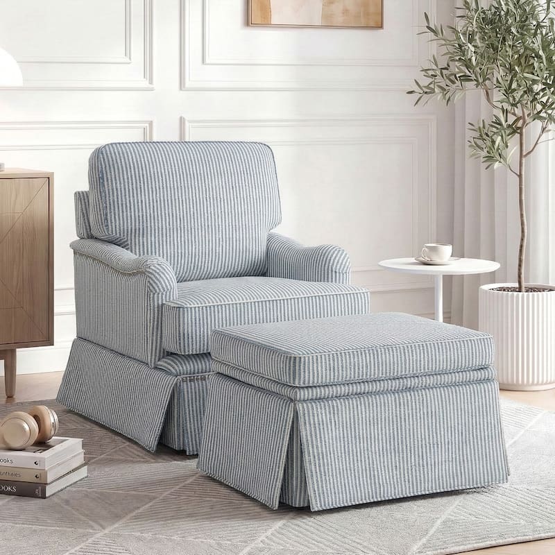 Modern Chenille Swivel Armchair Storage Ottoman - Set of Chair with Ottoman - Pinstripe Blue
