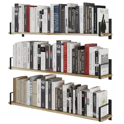 Wallniture Toledo 36" Solid Wood Floating Bookshelf Set of 3, Burned Finish