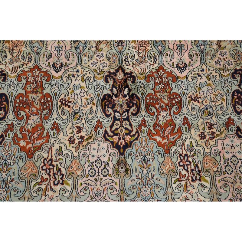 Hand Knotted Oriental 100% Silk Carpet Traditional All-Over Multi-Colored Kashmir Area Rug - 9' 6'' X 5' 9''