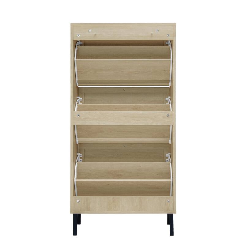 Shoe Storage Cabinet with 3 Flip Drawers, Freestanding 3-Tier Shoe Rack, Slim Shoe Organizer with Half Round Woven Rattan Doors