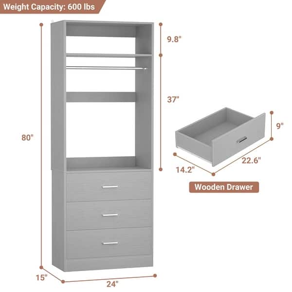 dimension image slide 8 of 11, Kyrvo Freestanding Closet System with 3 Wooden Drawers and Hanging Rod and Storage Shelf, Walk-in Closet Organizer Wardrobe