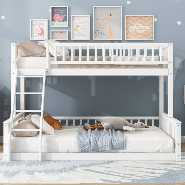 slide 2 of 15, Twin XL over Queen Wooden Bunk Bed with Ladder and Guardrails White