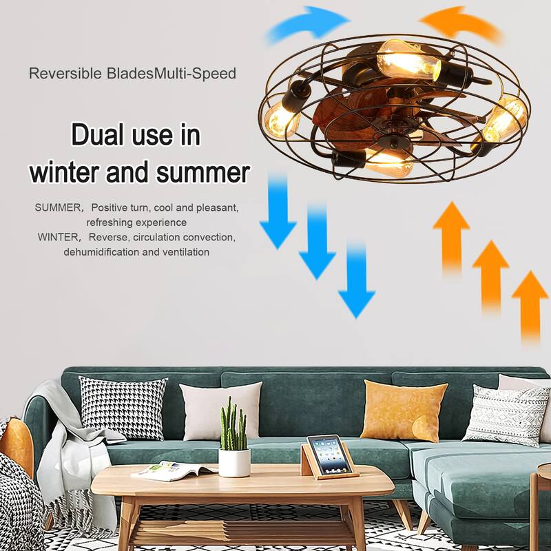 Modern Cage Ceiling Fan Light with Light and Remote Control, 6 Wind Speeds for Bedroom and Living Room