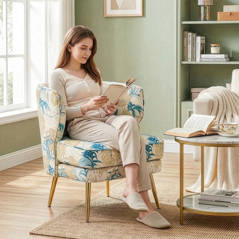 Mid Century Modern Upholstered Reading Chair with Lumbar Pillow, Gold Metal Legs, Small Space Friendly for Living Room Bedroom