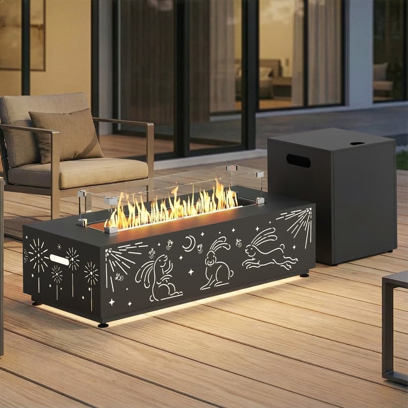 42" Moon Rabbit Design Propane Fire Pit Table, 50,000 BTU Dual-Fuel for Patio & Backyard
