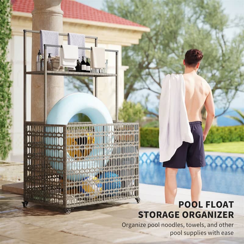 Wicker Pool Storage Basket with Wheels Shelf and Steel Frame for Outdoor Pool Supplies Organization
