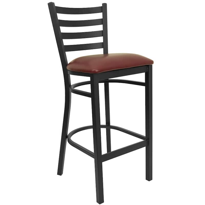 Ladder Back Metal Restaurant Barstool - 17"W x 18"D x 42.25"H - Burgundy Vinyl Seat/ Black Metal Frame