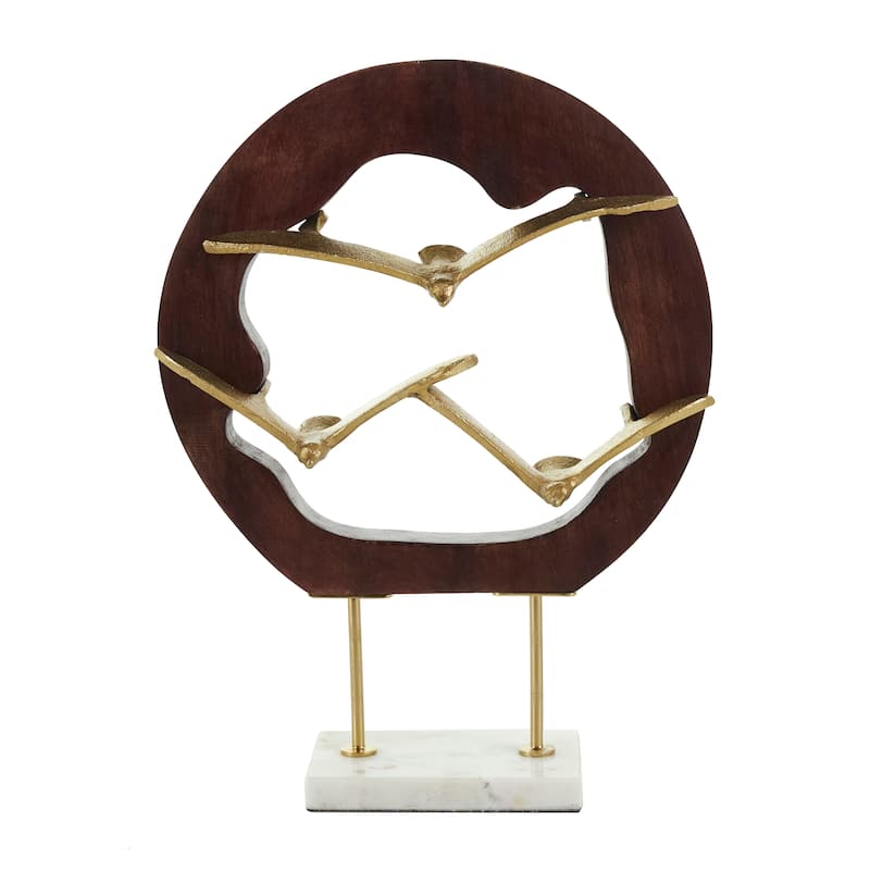 Gold Aluminum Metal Bird Sculpture with Brown Wooden Frame and Marble Base