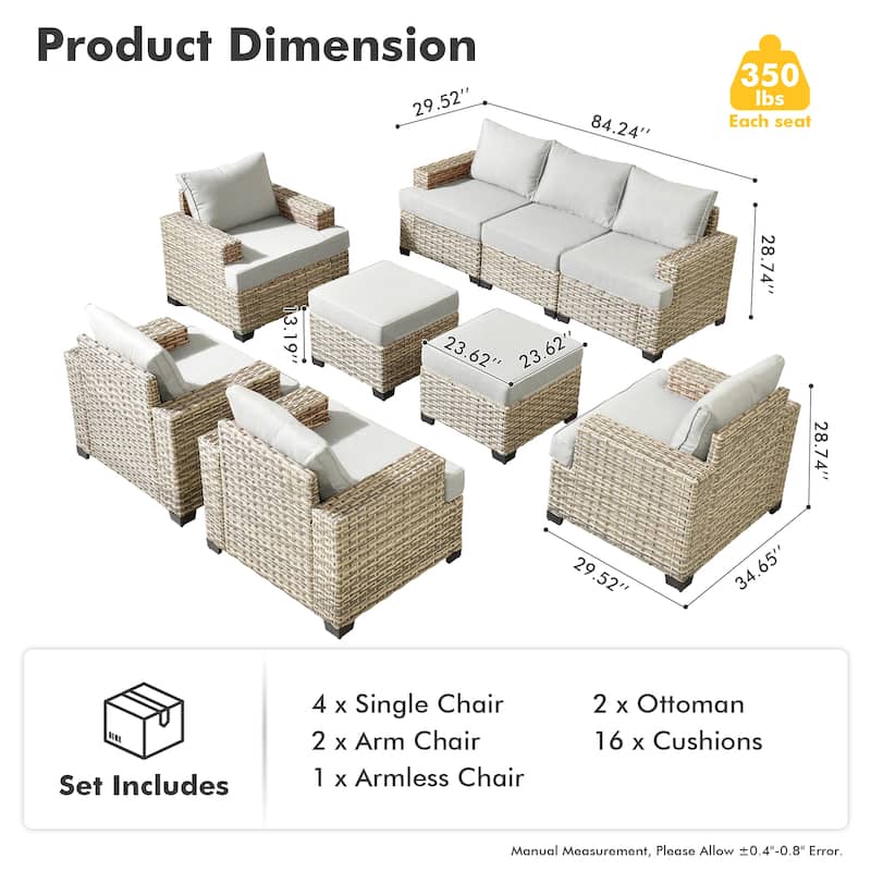 OVIOS 9 Pieces T shaped Seat Wide Armrest Set With Ottoman