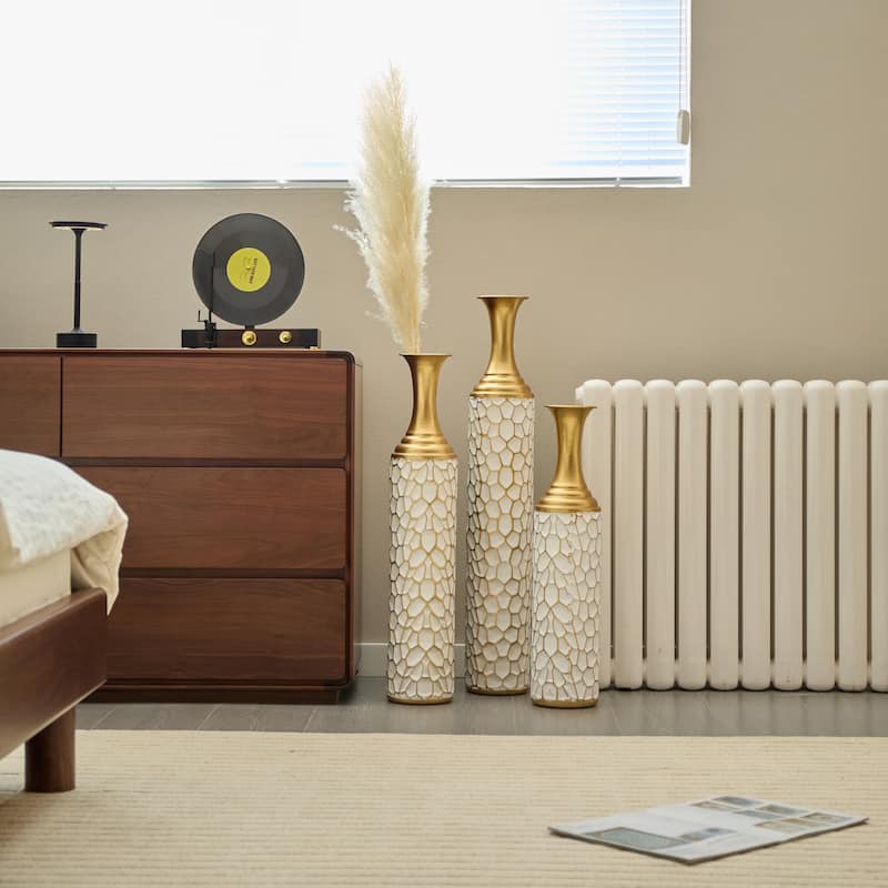 Metal Vase Set of 3, Tall Standing Floor Vases Home Décor Vase - Gold+White