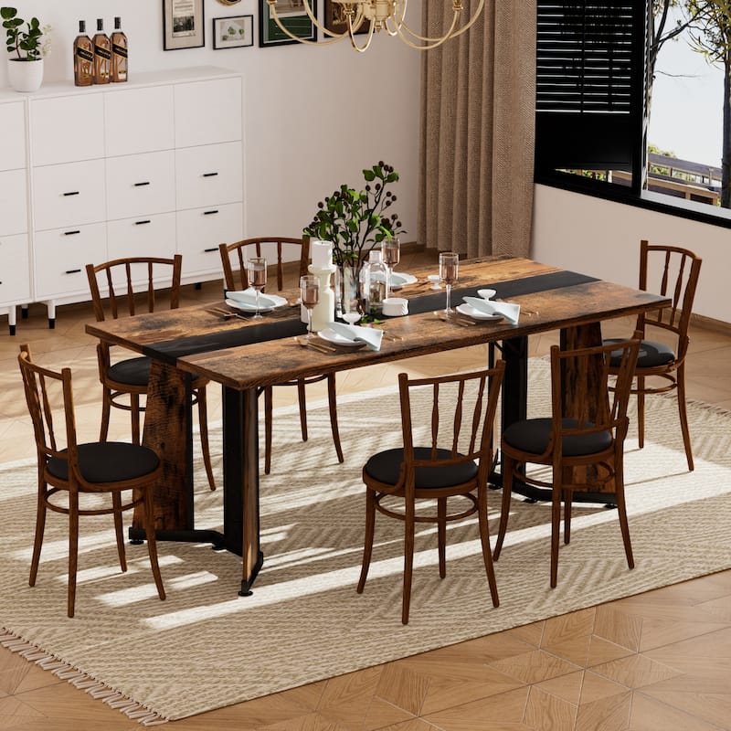 70.9"Rectangular Large Dining Table, Waterproof Large Desk for 8 People, Deluxe Family Dining Table with Adjustable Legs - Black,Rustic Brown