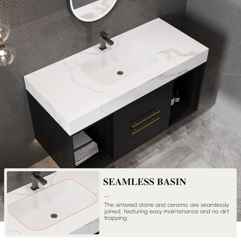 GDFStudio - Modern 39.4" Wall Mounted Floating Sintered Stone Bathroom Vanity with Seamless Ceramic Sink & Soft-Close Drawers
