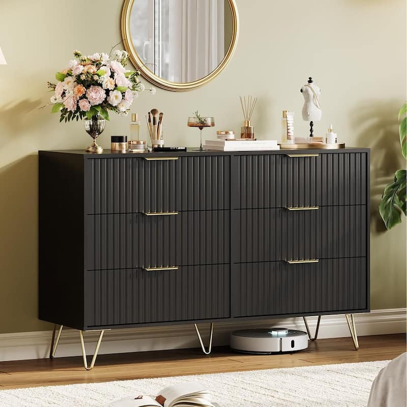 47" Wide Modern Fluted Dresser for Bedroom with 6 Drawers - Black