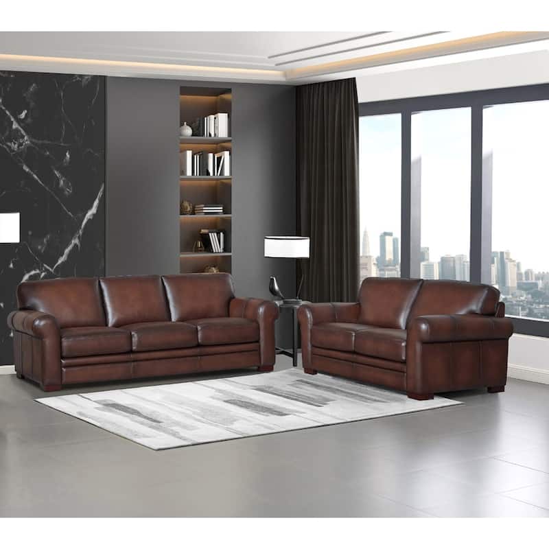 Hydeline Brookfield Top Grain Leather Sofa Set, Sofa and Loveseat - Caramel Brown