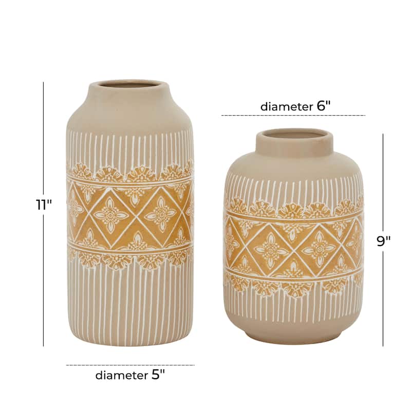 Ceramic Floral Handmade Vase with Diamond Pattern - Set of 2 Beige - Roche River Decor - 6"W x 6"L x 9"H
