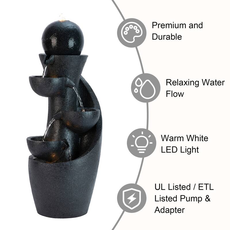 Glitzhome 33.5"H Modern 5-Tier Bowl and Sphere Polyresin Outdoor Fountain with Pump and LED Light