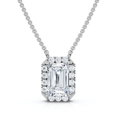 3/4Ct Emerald Cut Diamond Halo Pendant Gold 18" Necklace Lab Grown EF/VS