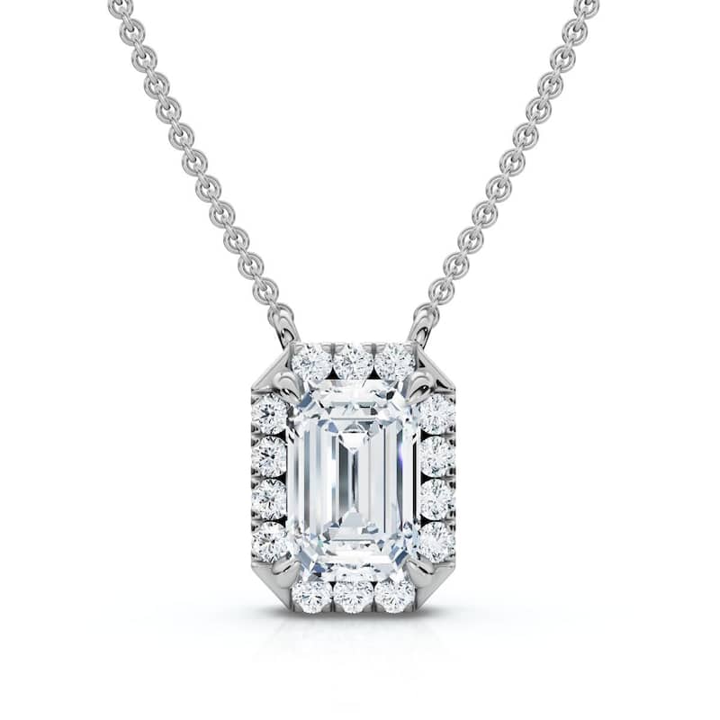 Bliss Diamond 3/4Ct Emerald Cut Diamond Halo Pendant Gold 18" Necklace Lab Grown EF/VS - White