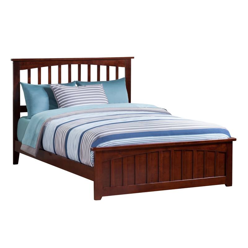 Low Profile Platform Bed with Footboard - Walnut Mission Style Wood Bed Frame & USB Charger