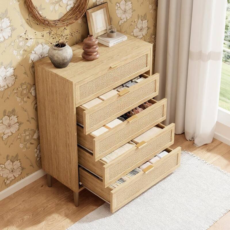 5 Drawers Tall Rattan Dresser, with Metal Legs and Handles, 44''