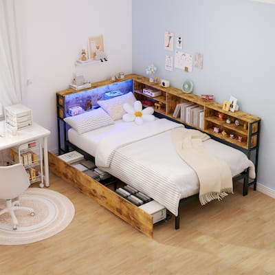 Kids Corner Bed with Storage, Twin/Full Daybed with Drawers, Bookcase Headboard with Charging Station & LED Lights