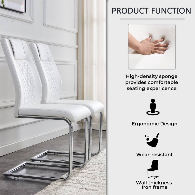 White Leather Dining Chair Set of 6 Office Chair w/C-Shaped Metal Legs