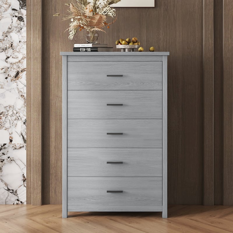 Retro Style Wooden 5-Drawer Vertical Chest with Metal Handles for Bedroom