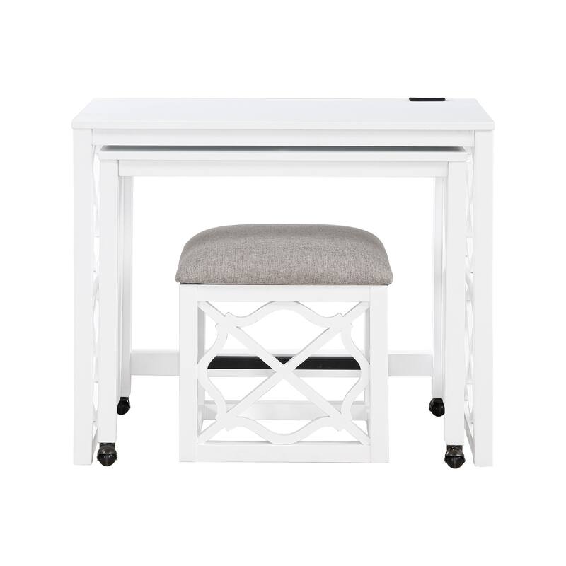 Syna 3 Piece Nesting Desk and Stool Set, White Wood, Gray Polyester