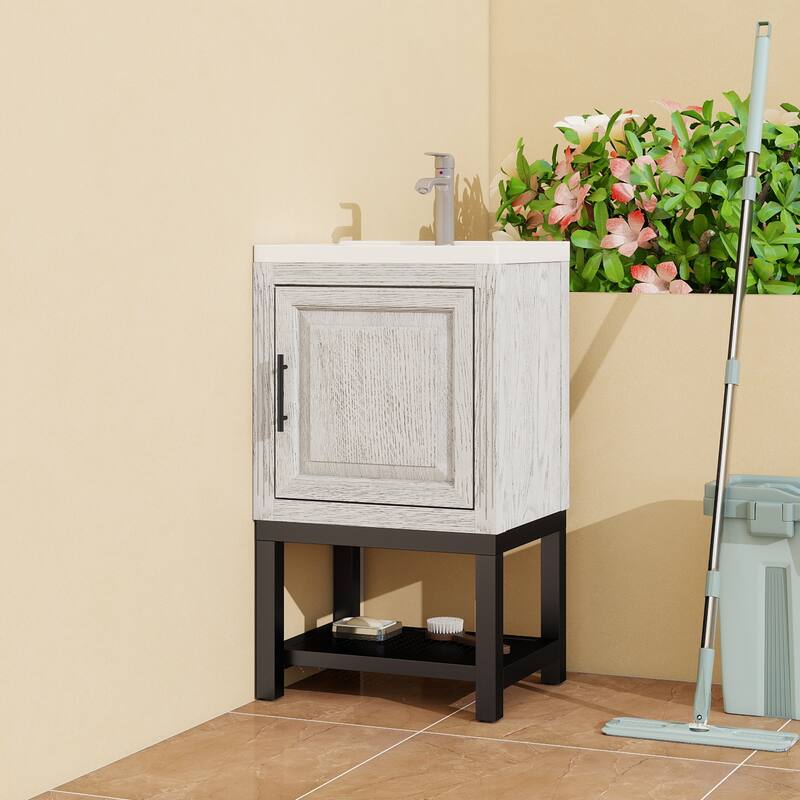 GDFStudio - CompactLine Modern Freestanding Bathroom Vanity with Ceramic Sink and Open Metal Shelf - 20 Inch