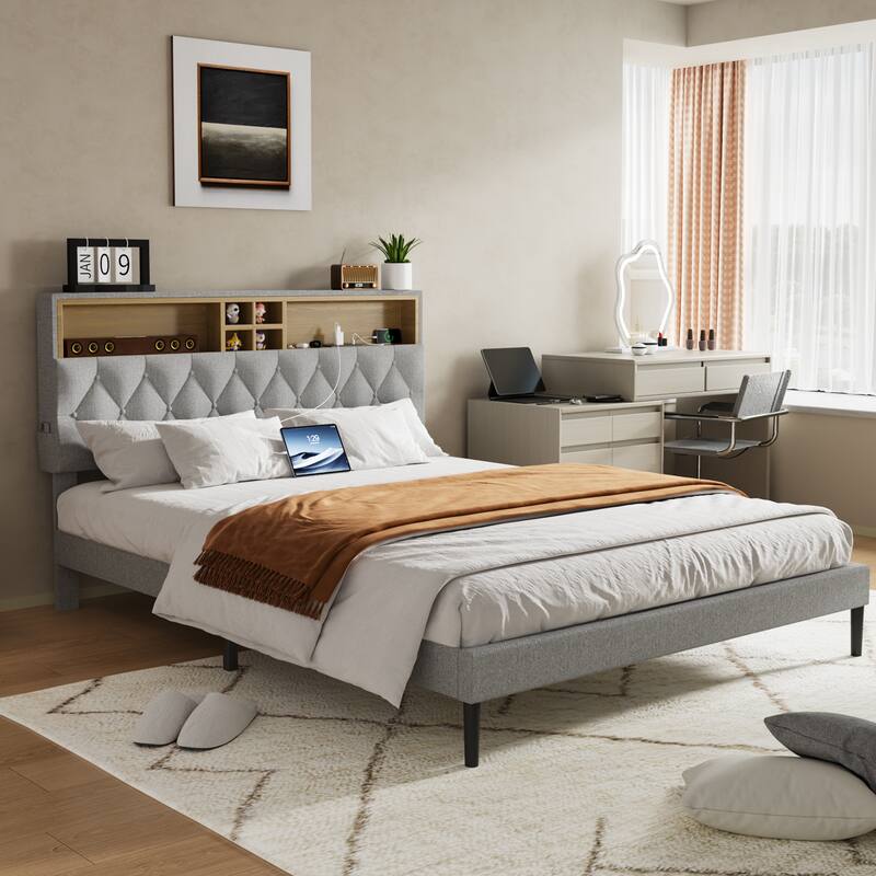 Queen Size Platform Bed Frame with Adjustable Storage Headboard, Built-In Charging Station, Sturdy No-Box Spring Design