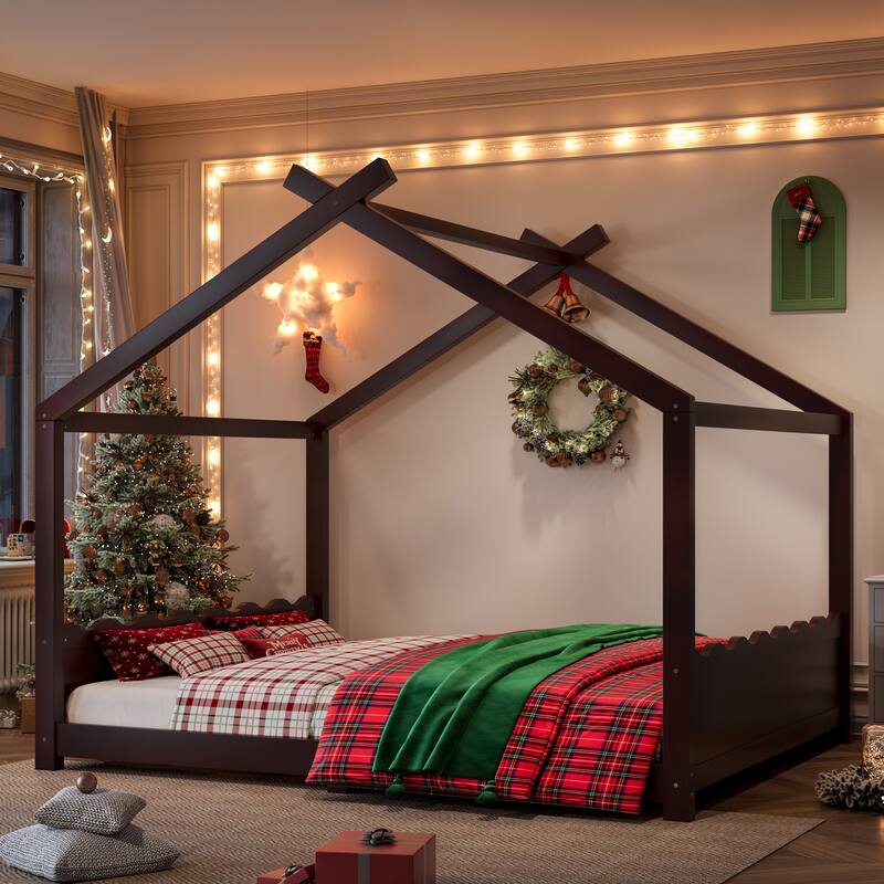 Wood House Bed Floor Bed with Support Slats Montessori Bed - Espresso - Queen