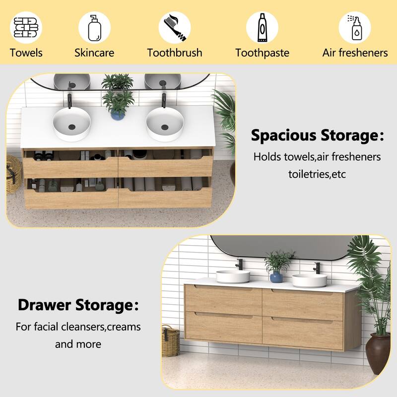 72" Solid Wood Bathroom Vanity with White Quartz Countertop Ceramic Vessel Sink