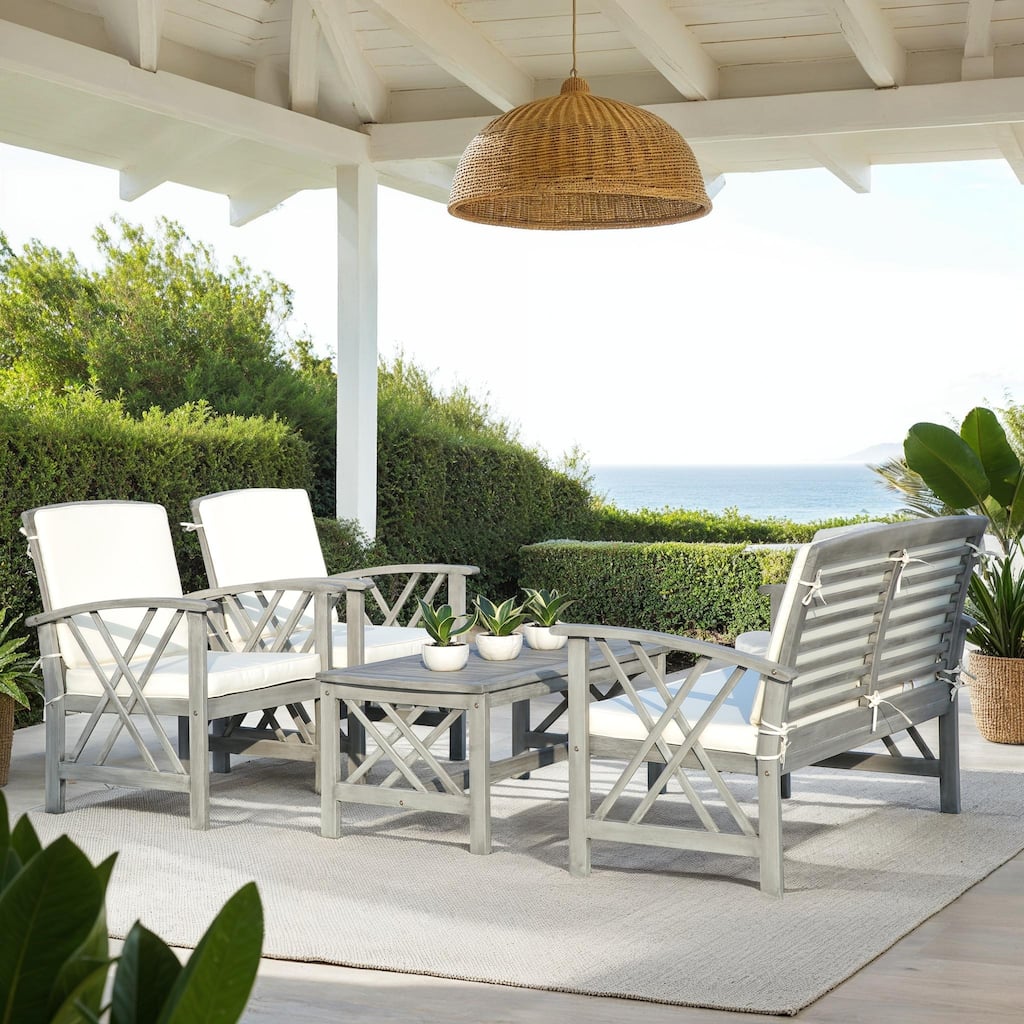 SAFAVIEH Outdoor Nayely 4-Piece Acacia Solid Wood Conversation Patio Set - 47W x 33D x 26H